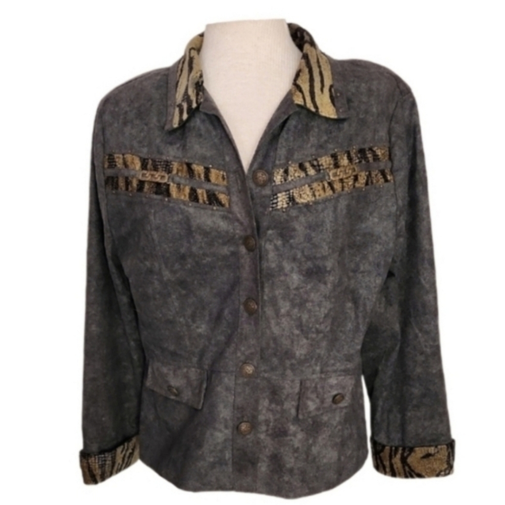 Nancy Bolen Jacket Faux Suede with Animal Print Accents Green Plus Size 14 - Picture 2 of 15